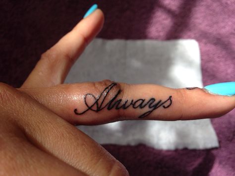 Hidden Name Tattoo Ideas For Women, Always Finger Tattoo, Side Finger Tattoos For Women Meaningful, Name Tattoo Ring Finger, Always Tattoo Finger, Cursive Finger Tattoo, Finger Name Tattoos For Women, Cursive Finger Tattoos For Women, Finger Name Tattoos