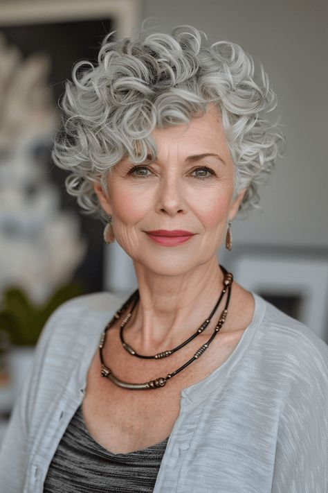 62 Curly Pixie Haircuts For Woman Over 50 Short Curly Grey Hair Over 50 Gray Hairstyles, Short Grey Curly Hair, Short Curly Gray Hair Over 50, Stacked Curly Bob Haircut, Curly Silver Hair, Short Curly Cuts, Pixie Haircuts For Women, Short Hairstyles Over 50, Short Curly Hairstyles For Women