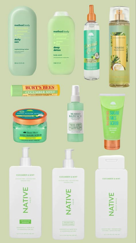 Cucumber Scent Combo, Cucumber Body Care, Cucumber Scented Shower Routine, How To Smell Like Green Tea, How To Smell Like Eucalyptus, Green Skincare Products, Fresh Scent Combos, How To Smell Like Cucumber, How To Smell Like Mint