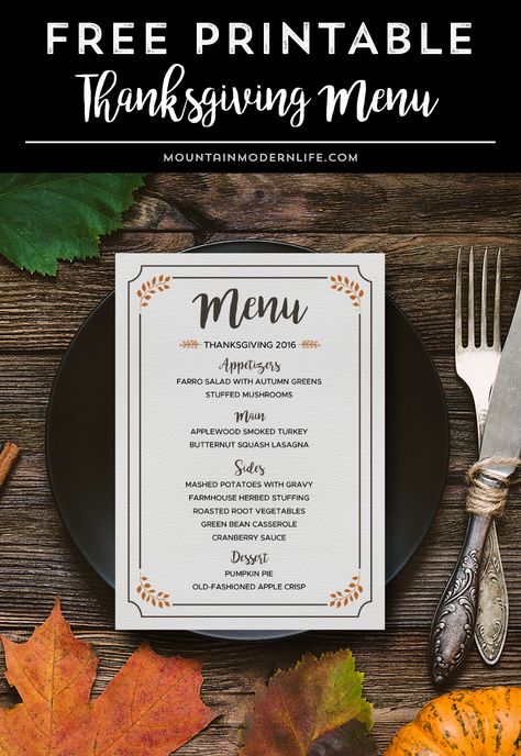 Planning to host Thanksgiving dinner for friends and family this year? Download and customize this FREE Printable Thanksgiving Menu!  via @MtnModernLife Italian Thanksgiving Menu, Thanksgiving Menu List, Thanksgiving Menu Printable, Easy Thanksgiving Menu, Rv Renovation Ideas, Thanksgiving Menu Template, Dinner For Friends, Classic Thanksgiving Menu, Thanksgiving Menu Planner