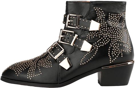 Amazon.com | ARQA Women Ankle Boots Women's Genuine Leather Boot Buckle Strap Low Chunky Heel Booties Rivet Studded Boot Shoes(Size4-15) | Ankle & Bootie Low Heel Booties, Chunky Heel Booties, Studded Shorts, Studded Ankle Boots, Punk Boots, Boots Womens, Genuine Leather Shoes, Pointed Toe Shoes, Boots Leather