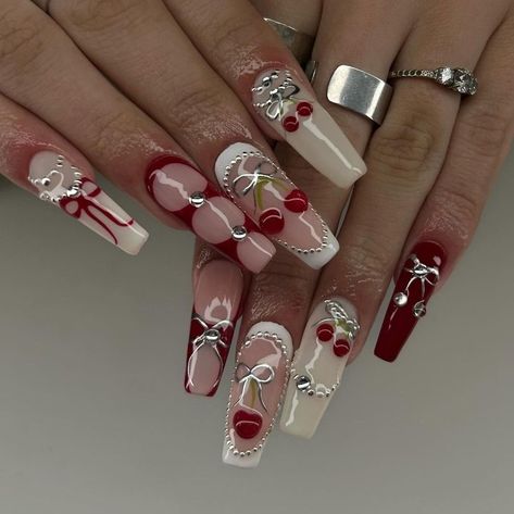 Nails Cherry, Cherry Nails, Grunge Nails, Cute Acrylic Nail Designs, Glow Nails, Crazy Nails, Really Cute Nails, Aesthetic Red, Unique Acrylic Nails