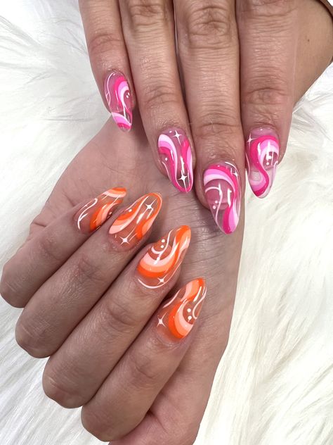 Beach Nails Orange And Pink, Pink Orange White Nails, Pink Orange And White Nails, Pink And Orange Swirl Nails, Clemson Nails, Orange Swirl Nails, Hot Pink And Orange Nails, Summer Nails Pink And Orange, Pink And White Nail Art