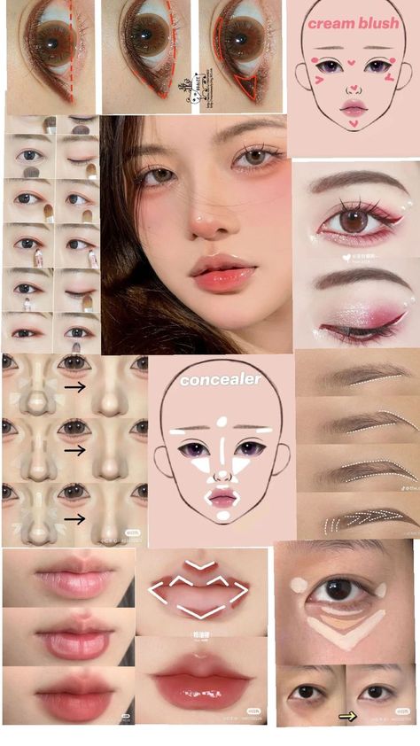 Asian Makeup Tutorials, Anime Eye Makeup, Korean Makeup Tutorials, Simple Makeup Tips, Cute Eye Makeup, Doll Eye Makeup, Makeup Face Charts, Korean Eye Makeup, Beauty Makeup Tutorial