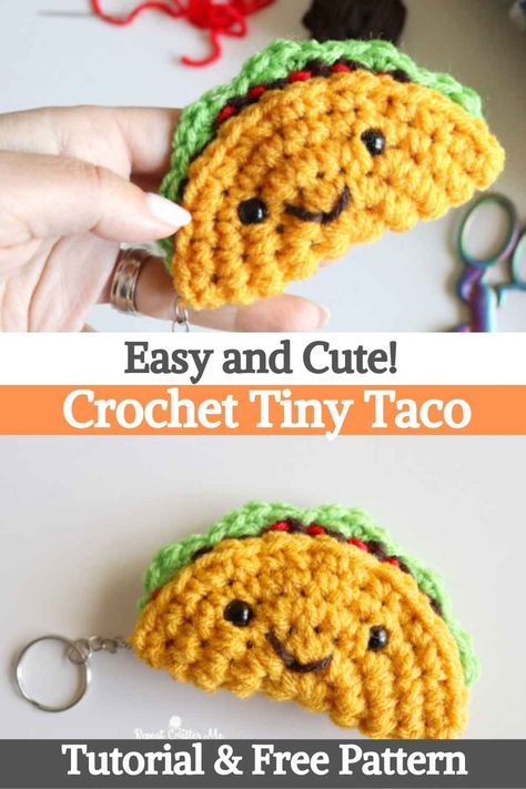 Crochet Taco Keychain Pattern Free, Small Easy Amigurumi, Crochet Backpack Buddies, Quick And Easy Crochet Keychain, Crochet Ideas For Scrap Yarn, Crochet Taco Pattern, Small Crochet Items For Craft Fair, Small Crochet Crafts, Fast Crochet Amigurumi