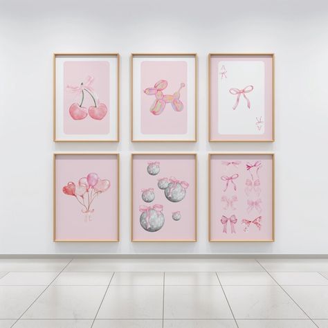 Set of 6 Coquette Soft Pink Posters, Preppy Pink Ribbons, Cherries, Balloon Dog, Disco Balls, Digital Wall Art for Nursery, Dorm Room Decor Disco Art, Light Pink Walls, Graphic Design Careers, Wall Art For Nursery, Art For Nursery, Preppy Pink, Pink Posters, Rose Pale, Pink Frames