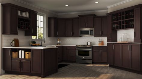 Shaker Specialty Kitchen Cabinets in Java – Kitchen – The Home Depot Java Kitchen Cabinets, Espresso Cabinets Kitchen, Wall Kitchen Cabinets, Kitchen Cabinets Home Depot, Cherry Wood Kitchen Cabinets, Best Paint For Kitchen, Kitchen Niche, Shaker Wall, Cabinets To Go