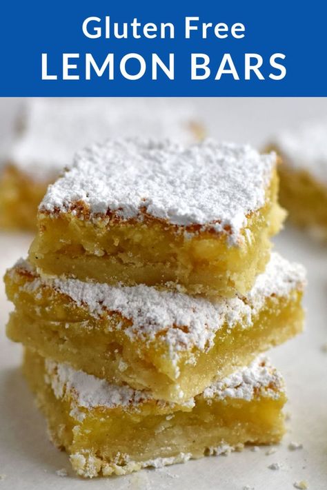 A stack of three gluten free lemon bars. Gluten Free Lemon Squares, Xmas Cookies Recipes, Gluten Free Lemon Bars, Lemon Bars Easy, Best Gluten Free Desserts, Lemon Bars Recipe, Lemon Squares, Gluten Free Cookie Recipes, Lemon Filling