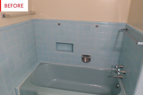 Vintage Blue Tile Bathroom Makeover, Vintage Blue Bathroom Tile, Retro Blue Tile Bathroom Ideas, Light Blue Tile Bathroom Ideas, Bathroom With Blue Tub, Vintage Blue Tile Bathroom Ideas, 1960s Bathroom Update, Blue Bathtub Bathroom Ideas, Blue Tub Bathroom Ideas