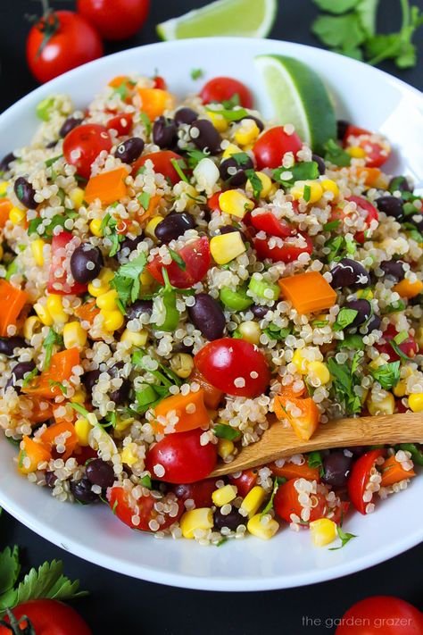 Mexican Quinoa Salad with Cumin-Lime Dressing - The Garden Grazer Vegan Weeknight Meals, Vegan Quinoa Recipes, Southwest Pasta Salad, Garden Grazer, Mexican Quinoa Salad, Quinoa Salad Recipe, Mexican Quinoa, Mexican Salads, Italian Chopped Salad