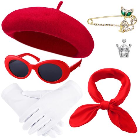 PRICES MAY VARY. Package Information: you will receive 1 piece of red French beret, 1 piece of red chiffon scarf, 1 pair of polyester gloves, 1 pair of oval sunglasses and 2 pieces of alloy brooches for women, enough to meet your daily dress needs Reliable to Use: kids red beret is made of wool material, soft and reliable, red sunglasses are made of sturdy material, red scarf and gloves are made of polyester material, cat and crown brooches are made of strong alloy material, not easy to break or International Outfits, Disney Villain Costumes, French Themed Parties, Parisian Outfits, Red Beret, Villain Costumes, Red French, French Beret, Disney Villain