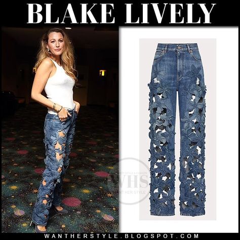 Blake Lively in blue cutout valentino jeans and white top june 16 outfit Jeans And White Top, Cutout Jeans, Denim Pumps, Valentino Jeans, Cut Out Jeans, Flower Jeans, Flower Cut Out, Christian Louboutin So Kate, Blue Denim Pants