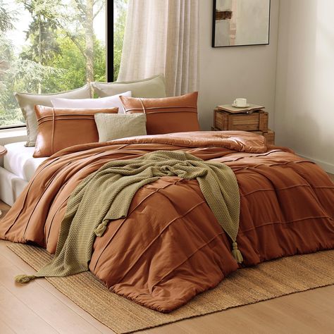 PRICES MAY VARY. Soft & Durable: Sink into unparalleled softness with our premium pre-washed microfiber. Gentle on the skin yet durable. Due to the pre-washing process, the fabric naturally wrinkles, enhancing its tactile feel even further. Crafted with meticulous attention to detail, this queen bed comforter set is designed to elevate your bedding experience to new heights. Say goodbye to rough bedding—our queen bedding is designed to withstand the test of time without sacrificing comfort. Time Burnt Orange Bedding, Orange Bed Sheets, Queen Bed Comforter, Terracotta Bedding, Burnt Orange Comforter, Full Size Bedding, Orange Comforter, Boho Comforters, Color Terracota