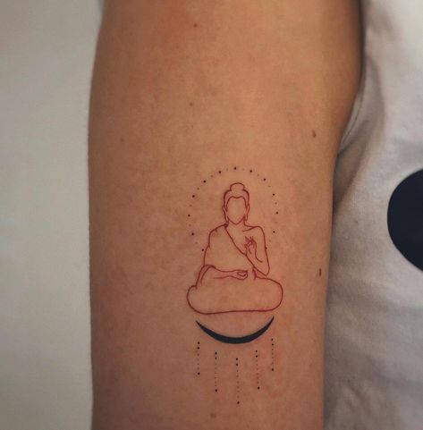 Buddha + the inscription Here and Now (in Lithuanian) = a recipe for peace and inner harmony✨🧘🏼‍♀️✨ 💌DM for booking tattoo session #tattoobuddha #redtattoo #redandblacktattoo #tattoovilnius #femaletattoo #inscriptiontattoo #lithuaniantattoo Fine Line Buddha Tattoo, Laughing Buddha Tattoo, Tattoo Buddha, Buddhism Tattoo, Buda Tattoo, Tattoo Session, Buddhist Tattoo, Bookish Tattoos, Buddha Tattoo Design