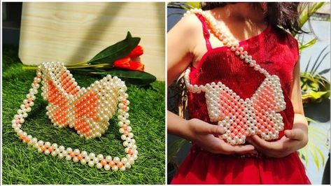 Beads Purse, How To Make Butterfly, Pearl Purse, Elegant Purse, Purse Design, Hand Beaded Bag, Diy Crochet Bag, Beadwork Tutorial, Bead Crafts Diy