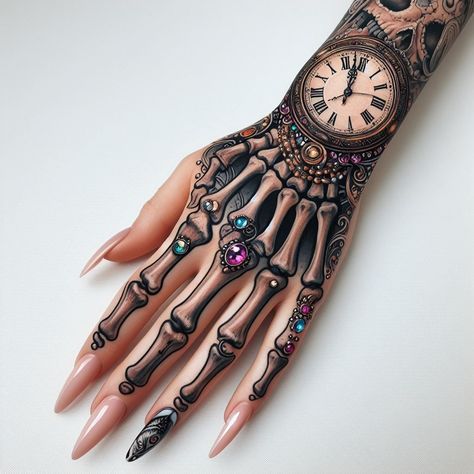 Discover 40 unique and trendy Girly hand tattoo ideas, perfect for expressing your style with elegance and creativity. Skeleton Hand Tattoos Women, Hand Tattoos Designs, Hand Tattoos Ideas, Bone Hand Tattoo, Girly Hand Tattoos, Tattoo Main, Hand Tattoo Ideas, Full Hand Tattoo, Skull Hand Tattoo