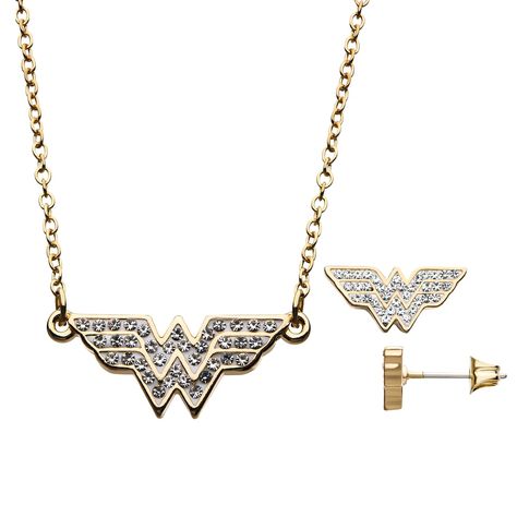 DC Comics Wonder Woman Cubic Zirconia Logo Pendant & Stud Earring Set, Yellow Wonder Woman Party, Woman Logo, Wonder Woman Logo, Post Metal, Necklace And Earring Set, Stud Earrings Set, Stud Earring, Lobster Claw, Chain Length