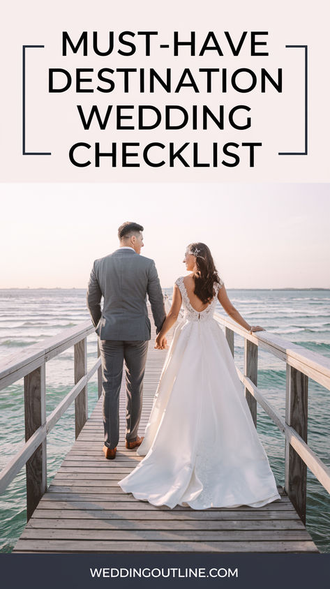 Wedding couple standing on a pier. Destination Wedding Checklist Timeline, Wedding Outline, Destination Wedding Timeline, Destination Wedding Planning Checklist, Month Checklist, Wedding Planning Checklist Detailed, Destination Wedding Checklist, Wedding Checklist Timeline, Wedding Day Checklist