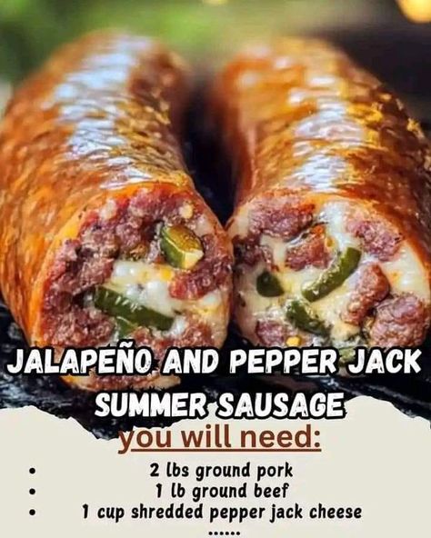 Cooking With Nonna Pia💟🥣 | Jalapeño and Pepper Jack Summer Sausage 🌶️🧀 | Facebook Grilled Sausage Recipes, Homemade Summer Sausage, Beef Sausage Recipes, Summer Sausage Recipes, Smoked Beef Jerky, Ground Sausage Recipes, Sausage Making Recipes, Homemade Sausage Recipes, Beef Jerky Recipes