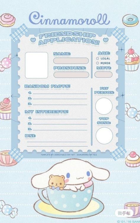 Blue Aesthetic Sanrio, Me Template, Aesthetic Sanrio, Kawaii Printables, Blue Template, About Me Template, Paper Doll Printable Templates, Bunny Blue, Hello Kitty Printables