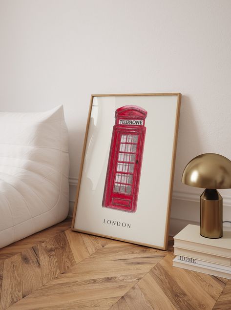 London Themed Bedroom, Trendy Watercolor, Landmark Poster, Pastel Style, Red Telephone Box, Red Telephone, Vibrant Living Room, Pastel Wall Art, Different Kinds Of Art