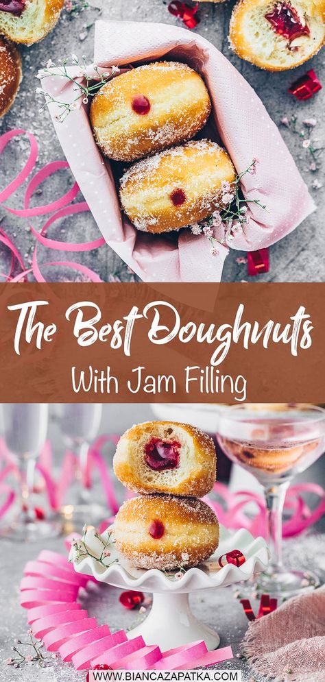 Vegan Donuts Recipe, Vegan Doughnut Recipe, Dairy Free Donut Recipe, Vegan Sourdough Donut Recipe, Jam And Cream Donut Recipe, Vegan New Years Recipes, Gluten Free Jelly Donut Recipe, Strawberry Doughnut Recipe, Jam Filled Donuts Recipe