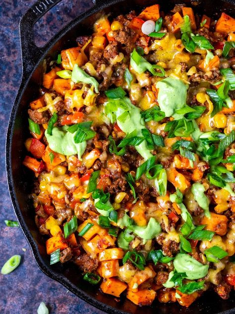 Balanced and perfectly seasoned this Tex Mex ground beef and sweet potato skillet is a satiating meal that is flavorful and simple to make! Chipotle Ground Beef, Beef And Sweet Potato Skillet, Blackened Mahi Mahi Tacos, Beef And Sweet Potato, Blackened Mahi Mahi, Mahi Tacos, Creamy Jalapeno Sauce, Quick Ground Beef Recipes, Mahi Mahi Tacos