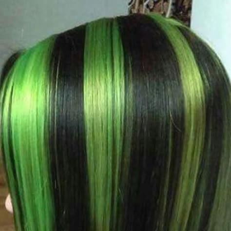 Black And Green Striped Hair, Green Striped Hair, Green Skunk Hair, Black Green Hair, Green And Black Hair, Black And Green Hair, Neon Green Hair, Hair Stripes, Skunk Hair