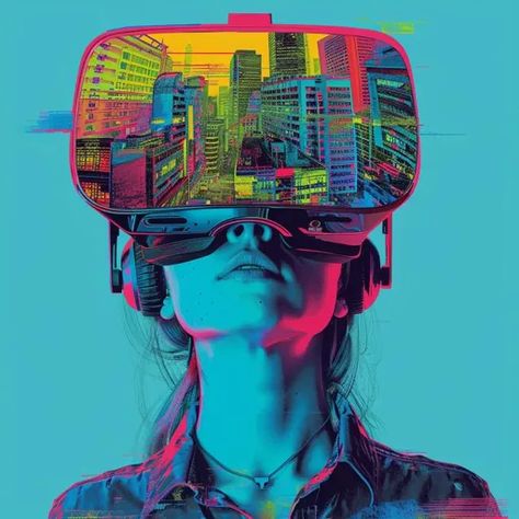 ↑↑↑ Larger size on website 🔸 A woman wearing a virtual reality headset looks up with a serene expression. The headset displays a  🔸 From Midjourney AI Image Virtual Reality Aesthetic, Headset Aesthetic, Surreal Aesthetic, Futuristic Cityscape, Virtual Reality Headset, Vr Headset, Pink Sky, Virtual World, Blue And Pink