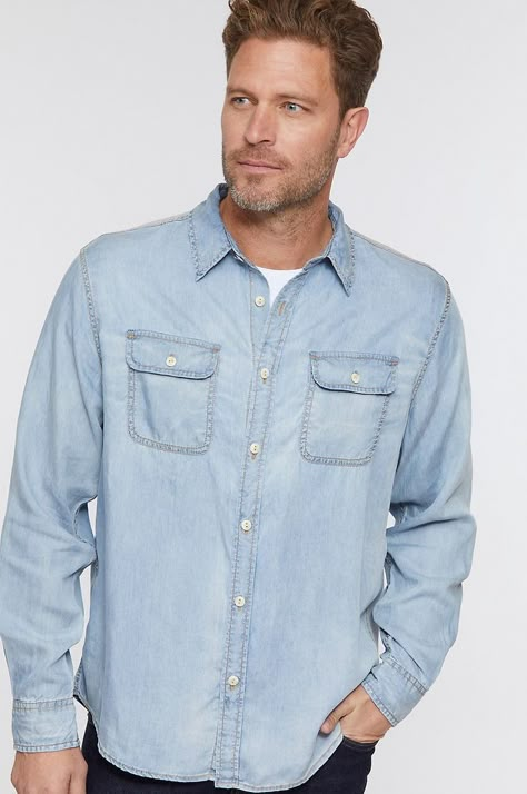 Denim Shirt Outfit, Tencel Denim, Blue Denim Shirt, Mens Fashion Wear, Teen Boy Outfits, Be Cool, Oxford Shirt, Mens Fashion Trends, Boys Clothing