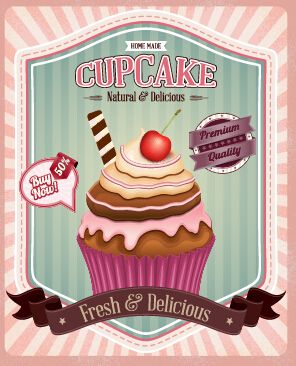 Cupcake retro poster vector 03 Cupcake Poster, Cupcake Kitchen Decor, Kombi Food Truck, Vintage Cupcake, Cupcake Pictures, Fondant Cupcake Toppers, Retro Cafe, Rose Cupcakes, Cupcake Art