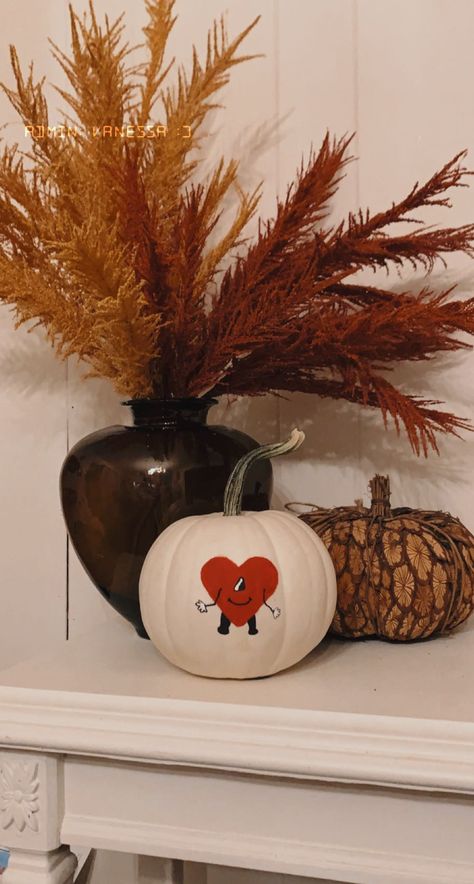 Bad Bunny Pumpkin Painting, Bad Bunny Pumpkin, Bunny Pumpkin, Cute Painted Pumpkin Ideas, Pumpkin Inspo, Pumpkin Painting Party, Pumpkin Idea, Kitty Pumpkin, Hello Kitty Pumpkin