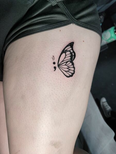 Gender Tattoo Ideas, Semi-colon Tattoo On Thigh, Semi-colon Butterfly Tattoos, Semi-colon Tattoo Ideas Wrist Butterfly, Hashimotos Tattoo, Tattoo Kupu Kupu, Butterfly Tattoo With Semicolon, Flower With Semicolon Tattoo, Tattoos On Thigh For Women