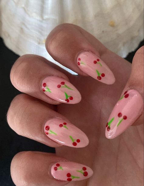 Pink And Cherry Nails, Cherry And Heart Nails, Pink And Red Cherry Nails, Cherry Print Nails, Heart Cherry Nails, Blue Cherry Nails, Harry Styles Nails Ideas, Harry Styles Nail Art, Cherry Almond Nails