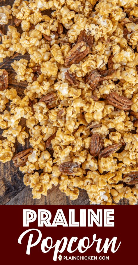 Praline Popcorn, Best Caramel Popcorn, Gourmet Popcorn Recipes, Sugar Popcorn, Homemade Caramel Popcorn, Popcorn Recipes Easy, Caramel Corn Recipes, Praline Recipe, Popcorn Recipes Caramel