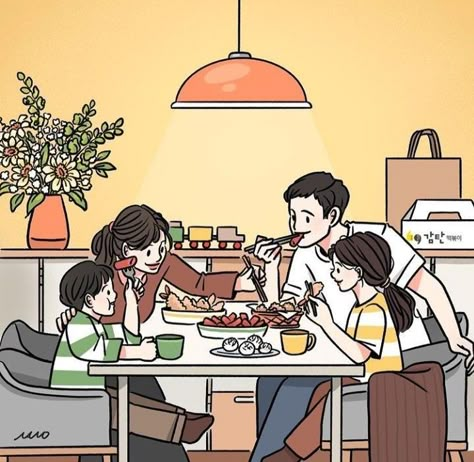 Animated Family Pictures, Family Illustration Art Aesthetic, Family Aesthetic Cartoon, Family Eating Together Drawing, Family Picture Drawing, 가족 일러스트, Cute Pictures To Draw, Korean Illustration, V Chibi