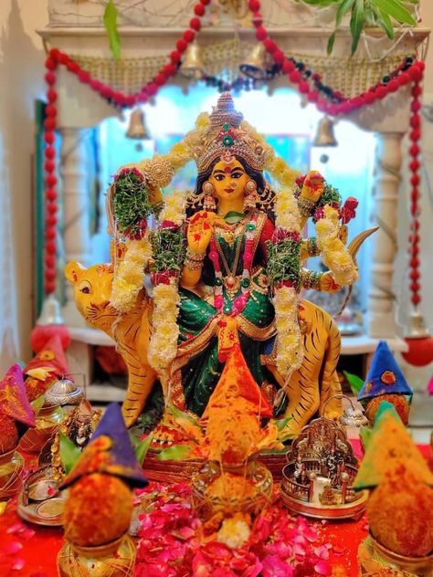 Navratri Mataji Decoration At Home, Navratri Puja At Home, Navratri Pooja At Home, Coffee Captions Instagram, Navratri Pooja, Fake Post, Navratri Devi, Ma Kali, Navratri Puja