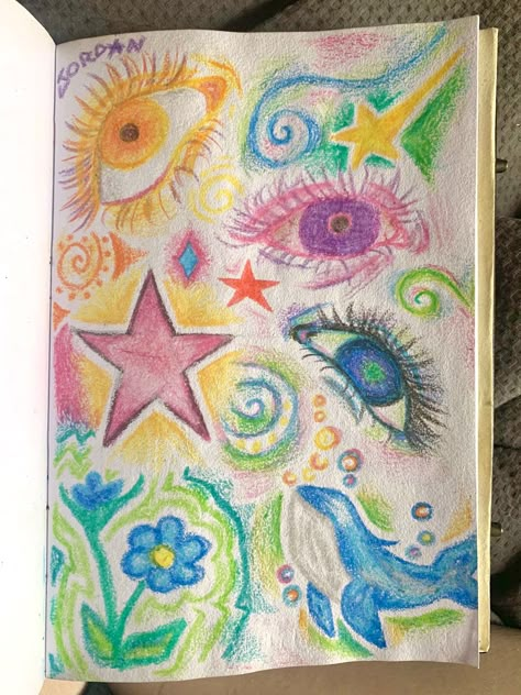 Beginner Art Sketches, Art Class Sketchbook Ideas, Aesthetic Crayon Art, Drawing Ideas Color, Colored Pencil Doodles, Funky Drawing, Summer Drawing Ideas, Crayon Doodles, Colorful Sketches