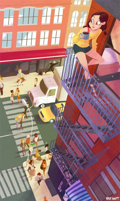 Lazy Morning / NICK SWIFT ▶ #illustrator #illustration #digital #painting #cartoon #perspective #background #art #city #streets Cartoon Perspective, Street Cartoon, Apartment Illustration, City Street Illustration, Perspective Illustration, City On Fire Drawing, City Life Art Illustrations, Street Illustration, City Escape Drawing