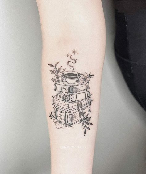 101 Best Stack of Books Tattoo Ideas That Will Blow Your Mind! 6 Outsons Books Tattoo Ideas, Stack Of Books Tattoo, Small Book Tattoo, Bookworm Tattoo, Books Tattoo, Tea Tattoo, Art Inspired Tattoos, Bookish Tattoos, Nerd Tattoo