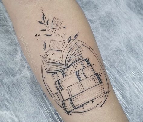 Books And Vines Tattoo, Romance Books Tattoo, Pile Of Books Tattoo, Geometric Book Tattoo, Harry Potter Book Tattoo, Book Worm Tattoo, Book Lover Tattoos, Reader Tattoo Ideas, Tattoos Inspired By Books