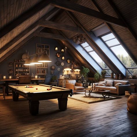 31 Game Room Ideas: For Basement, Garage and Small Rooms Game Room At Home, Attic Pool Table Room, Garage Bonus Room Ideas Layout, Game Room Above Garage, Basement Bar Game Room Ideas, Home Game Room Ideas Cozy, Log Cabin Game Room, Dungeon Game Room, Rec Room Inspiration