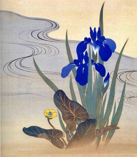 Detail. Sakai Hoitsu. Edo period. Japanese hanging scroll. Iris, Cherry Tree and Stream. Japon Illustration, Eastern Art, Japanese Flowers, Art Japonais, Ukiyo E, China Art, Japanese Painting, Sumi E, Japan Art