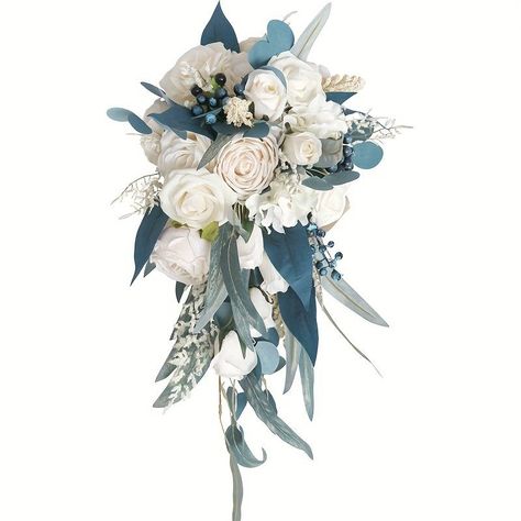 1pc Faux Wedding Bouquets For Bride Cascading Bouquets, Bride Peacock Blue Champagne Rose Drops Hand Bouquet, Artificial Bridal, Christmas Decor, Bouquet For Boho Rustic Wedding Ceremony Celebration Anniversary Decor,temu Rose Buket, Flower Props, Silk Flower Bridal Bouquet, Wedding Photography Props, Rustic Wedding Colors, Rustic Wedding Ceremony, Romantic Ambiance, Blue Berries, Artificial Leaves