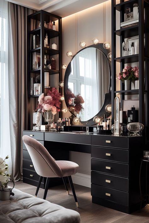 beauty room design beauty salon interior bedroom ideas baddie apartment Moody Makeup Vanity, Master Vanity Mirror Ideas Bedroom, Dark Vanity Aesthetic, Dark Vanity Bedroom, Vanity Ideas Bedroom Aesthetic, Dark Dressing Room, Makeup Table Aesthetic, Makeup Room Ideas Decor, Makeup Nook