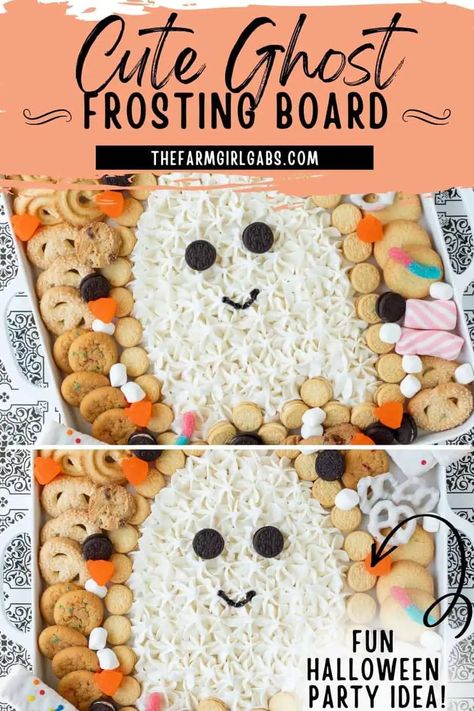 Who doesn't love a good charcuterie board? Celebrate the Spooky Season with this delicious Ghost Frosting Board. It's the perfect charcuterie board for Halloween. And, with Halloween quickly approaching, now is the perfect time to learn how to make a fun, spooky-themed Ghost Frosting Board full of delicious snacks that will keep you and everyone else coming back for more. Halloween Board Ideas Food, Halloween Themed Food Board, Icing Charcuterie Board Ideas, Halloween Cookie Charcuterie Board, Halloween Icing Board, Halloween Frosting Board, Halloween Cookie Board, Halloween Buttercream Board, Ghost Charcuterie Board