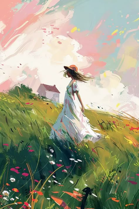 The painting is of a woman in a white dress walking through a field of flowers. The sky is blue and there are white clouds. The woman is wearing a hat and her hair is blowing in the wind. The painting is done in a loose, impressionistic style. Skirt In The Wind Drawing, Person In Flower Field Drawing, Skirt Blowing In The Wind, Dress Flowing In The Wind Drawing, Wind Blowing Illustration, Person In Field Of Flowers, Person Sitting In Flower Field, Woman Hair Blowing In Wind, Woman Tree