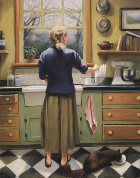 Step into Maggie Dietz’s “The Yellow House, 1978” | Jama's Alphabet Soup Yellow Houses, Washing Dishes, Interior Art, Cat Art, A Cat, The Kitchen, Beautiful Art, A Woman, Illustration Art