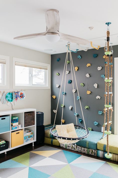 Small Active Playroom, Aqua Playroom, Playroom Gym Combo, Playroom Ceiling Ideas, Playroom Playground, Active Playroom, Toddler Jungle Gym, Play Bedroom, Fun Kids Room