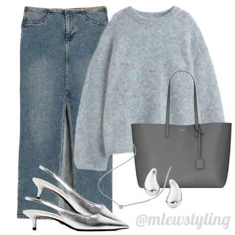 Fall work outfit Silver Bag Outfit Street Styles, Silver Shoes Outfit 2024, Silver Kitten Heels Outfit, Gray Bag Outfit, Gray Top Outfit, Light Grey Sweater Outfit, Knit Leggings Outfit, Silver Bag Outfit, Grey Bag Outfit